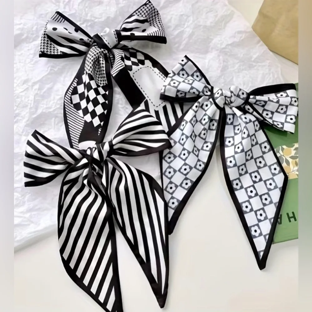 Set of 4 Black White French Style Twilly Scarves | Silk Feel Skinny Scarf | Bag